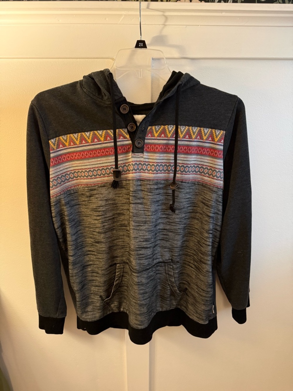 Cotton On Men's Hooded Pullover - Black, Gray with Multicolor Aztec Stripe